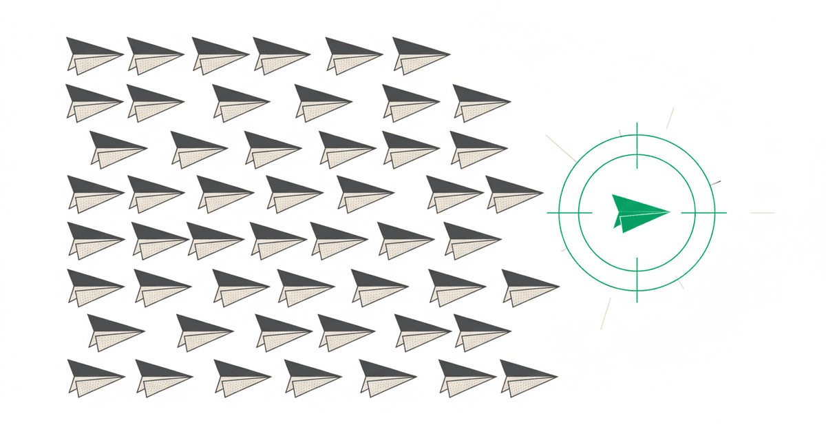 Abstract illustration of a dense grid of identical paper planes with one plane inside a radar ring breaking formation