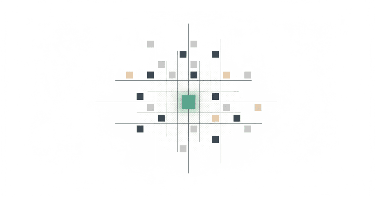 Abstract illustration of scattered small squares settling into an ordered grid, with one square highlighted