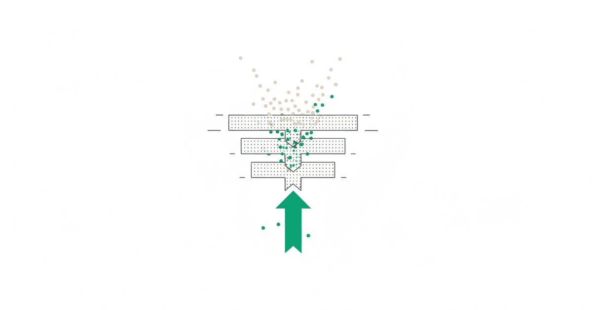 Abstract illustration of scattered dots funneling through three stacked planes into one rising arrow