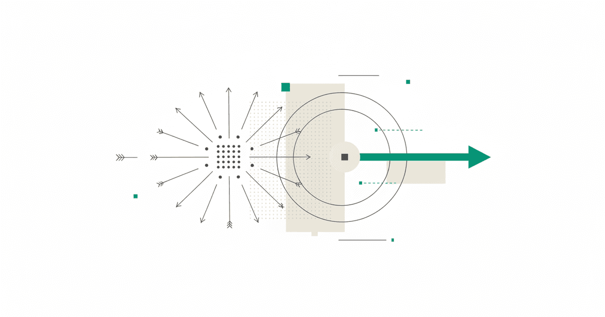 Abstract illustration of arrows radiating outward from a cluster of dots, with one arrow crossing a distant ring