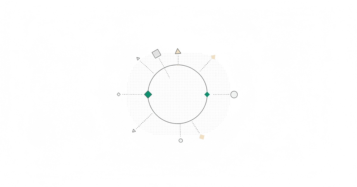 Abstract illustration of one large locked ring with several lighter open paths branching outward past it