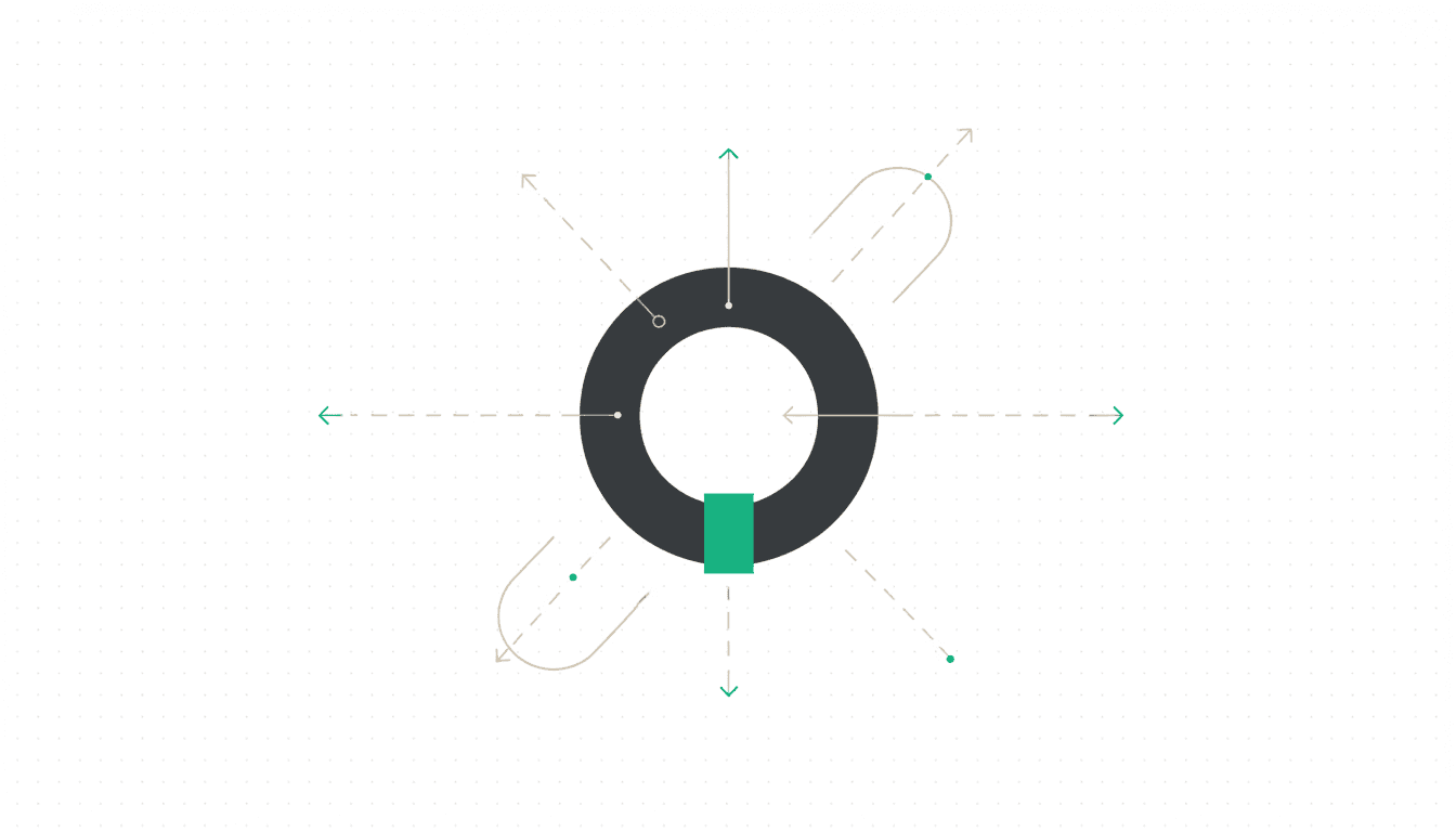Abstract illustration of one large locked ring with several lighter open paths branching outward past it
